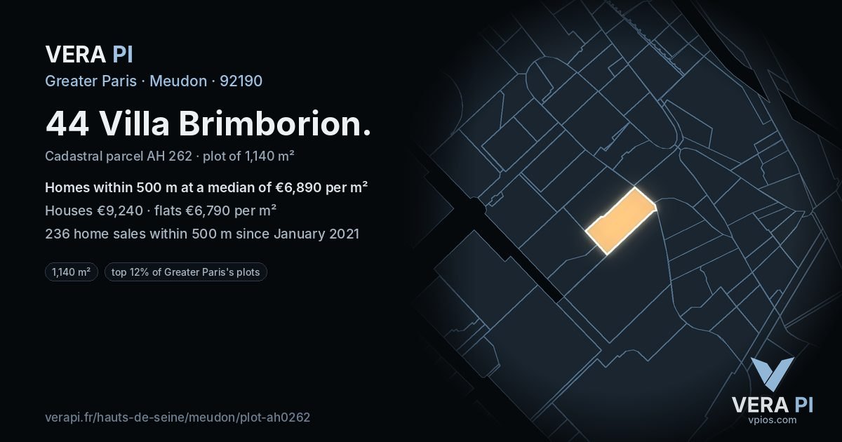 44 Villa Brimborion, Meudon at night – the plot lit, the parcels around coloured by the prices near them