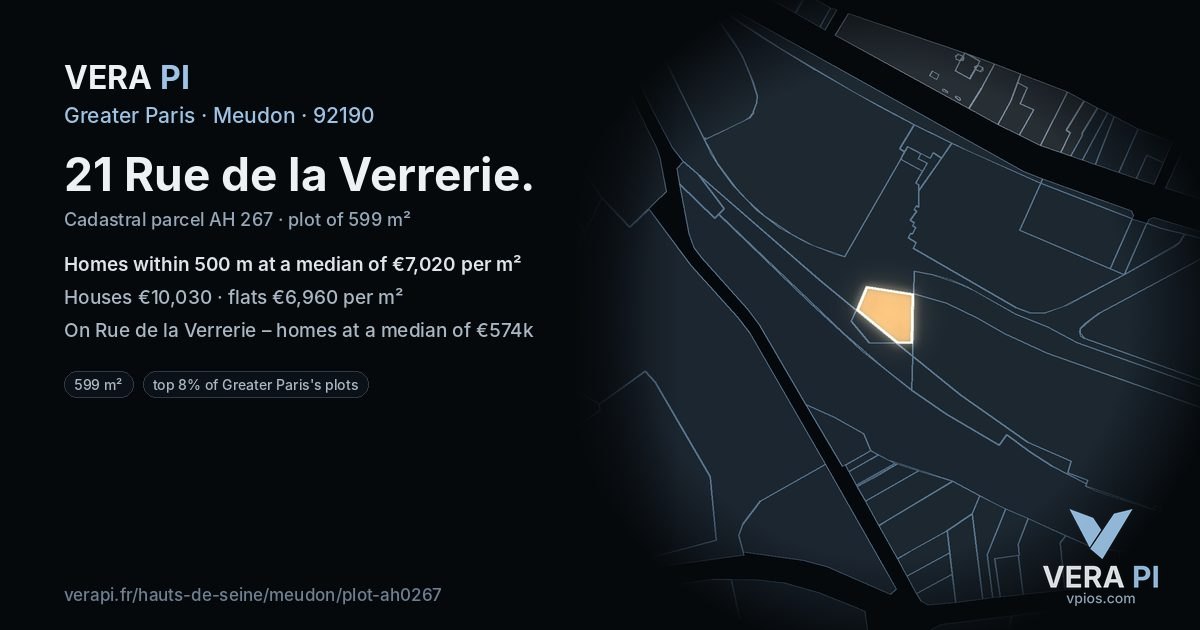 21 Rue de la Verrerie, Meudon at night – the plot lit, the parcels around coloured by the prices near them