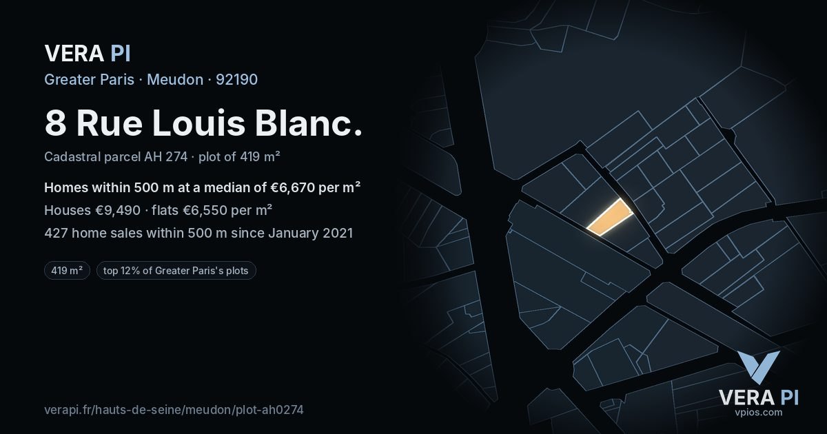 8 Rue Louis Blanc, Meudon at night – the plot lit, the parcels around coloured by the prices near them