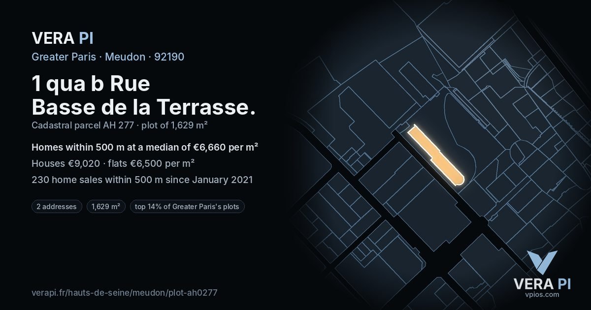 1 qua b Rue Basse de la Terrasse, Meudon at night – the plot lit, the parcels around coloured by the prices near them