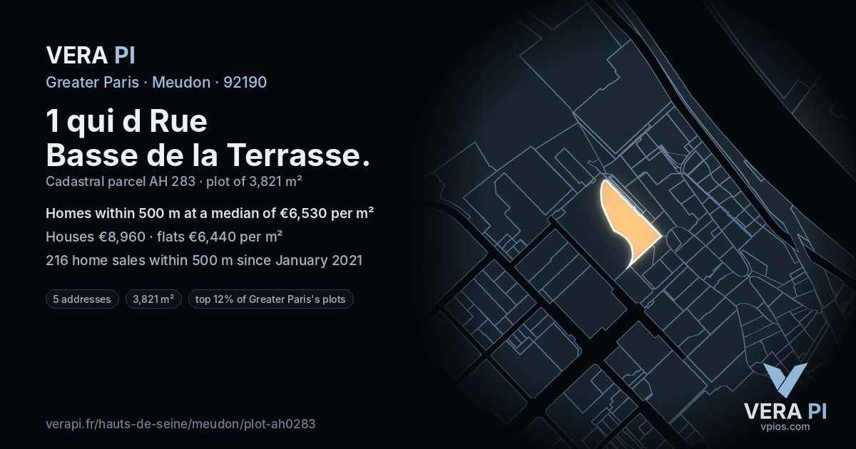 1 qui d Rue Basse de la Terrasse, Meudon at night – the plot lit, the parcels around coloured by the prices near them