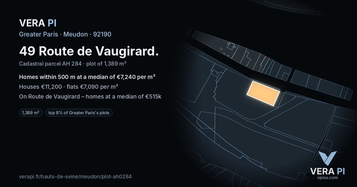 49 Route de Vaugirard, Meudon at night – the plot lit, the parcels around coloured by the prices near them