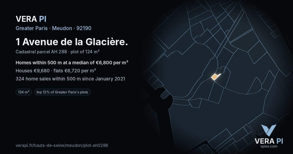 1 Avenue de la Glacière, Meudon at night – the plot lit, the parcels around coloured by the prices near them