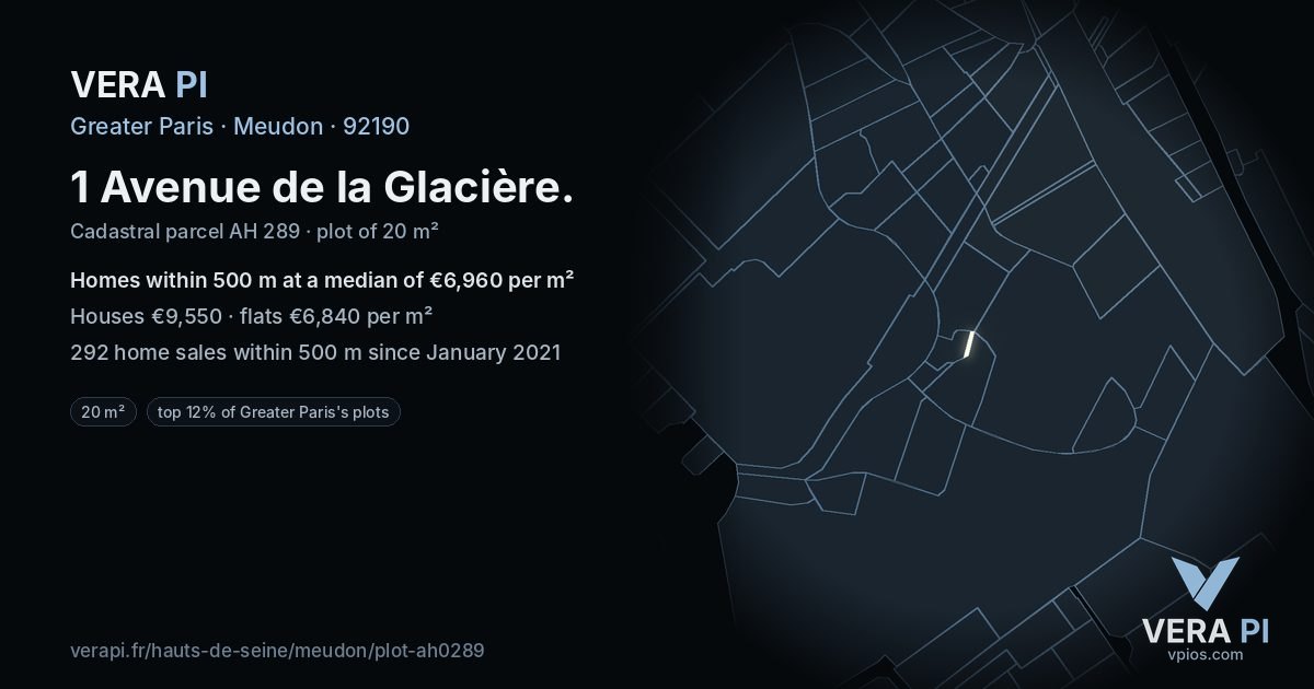 1 Avenue de la Glacière, Meudon at night – the plot lit, the parcels around coloured by the prices near them