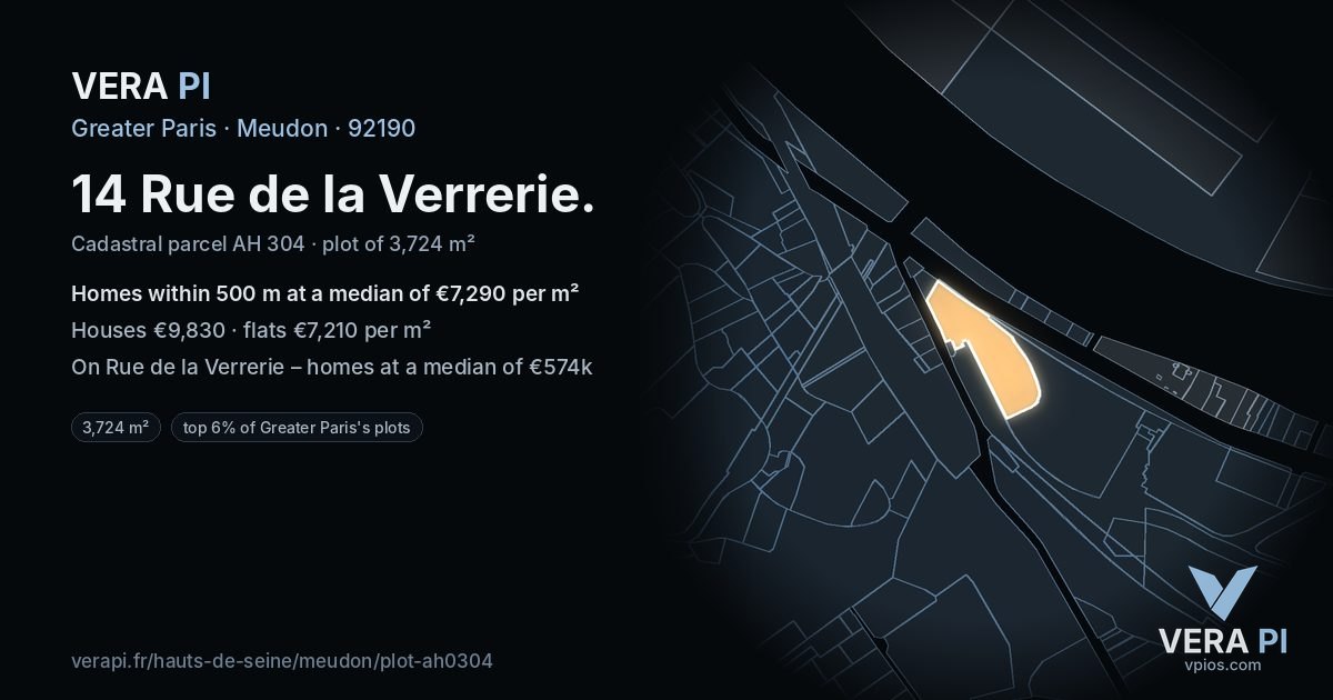 14 Rue de la Verrerie, Meudon at night – the plot lit, the parcels around coloured by the prices near them