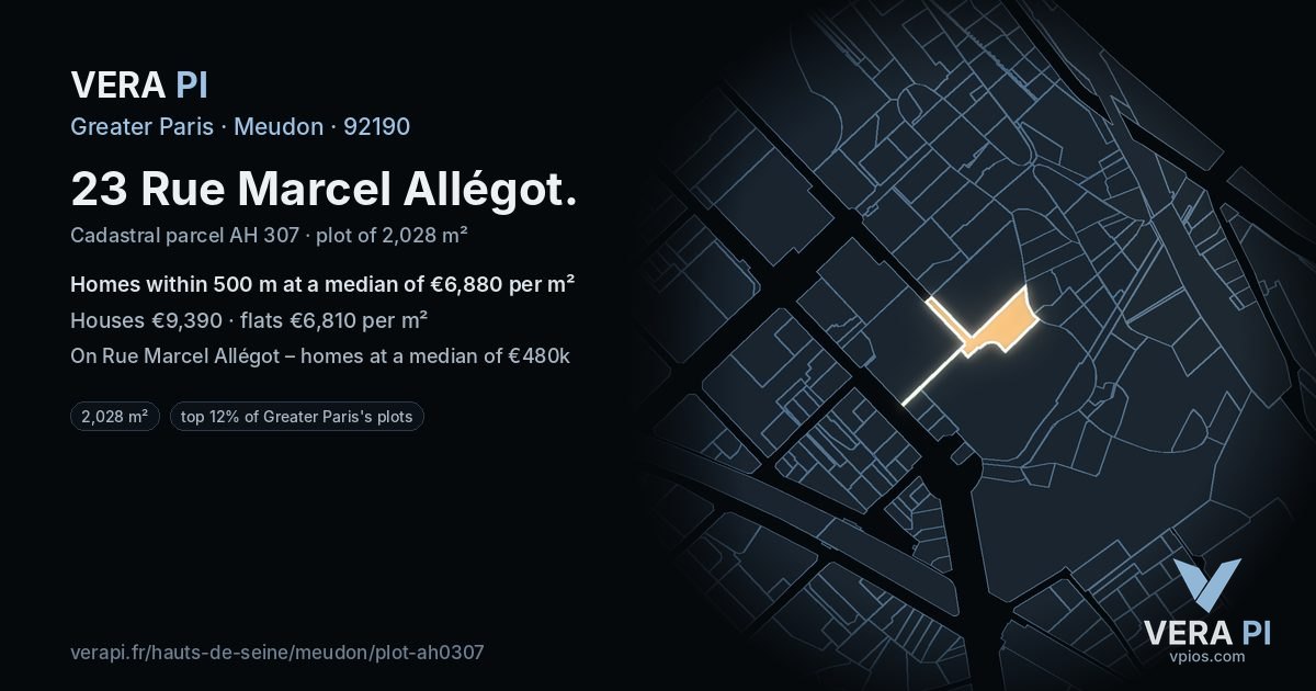 23 Rue Marcel Allégot, Meudon at night – the plot lit, the parcels around coloured by the prices near them