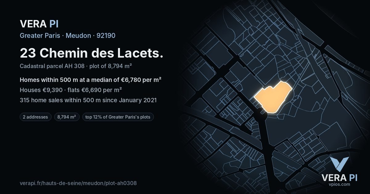 23 Chemin des Lacets, Meudon at night – the plot lit, the parcels around coloured by the prices near them