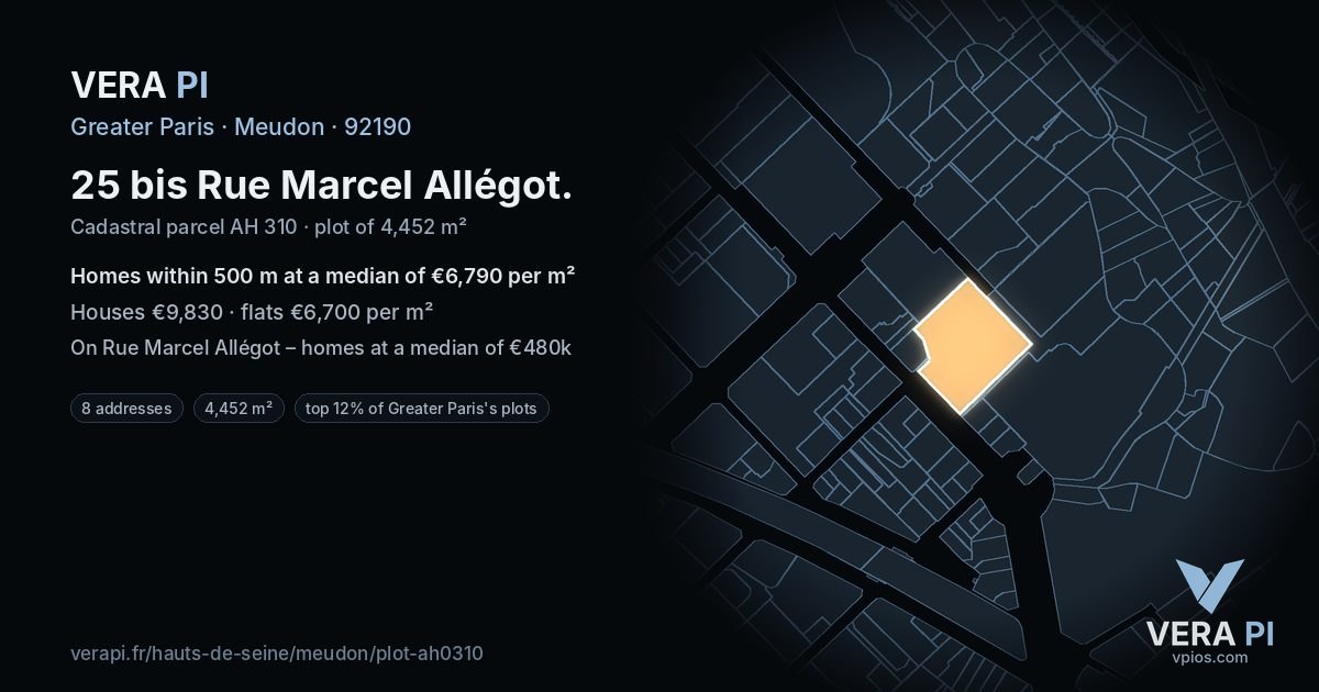 25 bis Rue Marcel Allégot, Meudon at night – the plot lit, the parcels around coloured by the prices near them