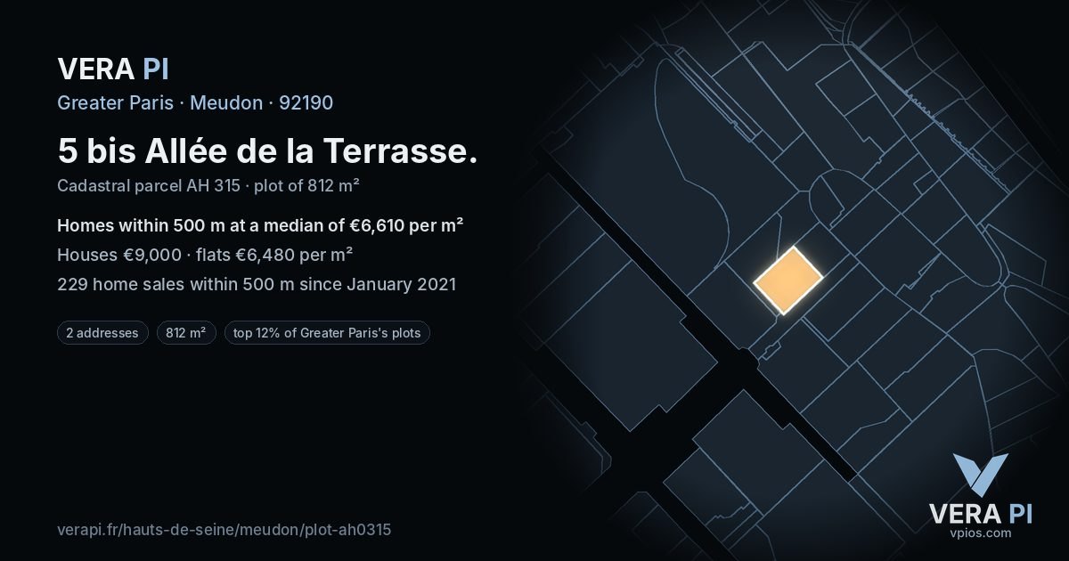 5 bis Allée de la Terrasse, Meudon at night – the plot lit, the parcels around coloured by the prices near them
