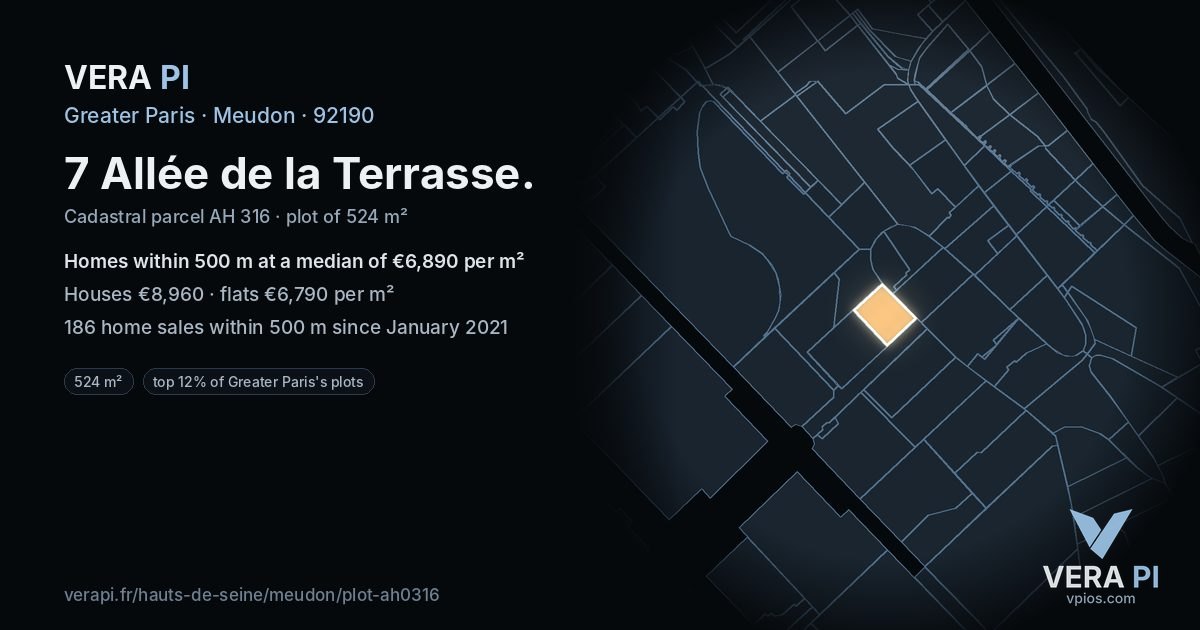 7 Allée de la Terrasse, Meudon at night – the plot lit, the parcels around coloured by the prices near them