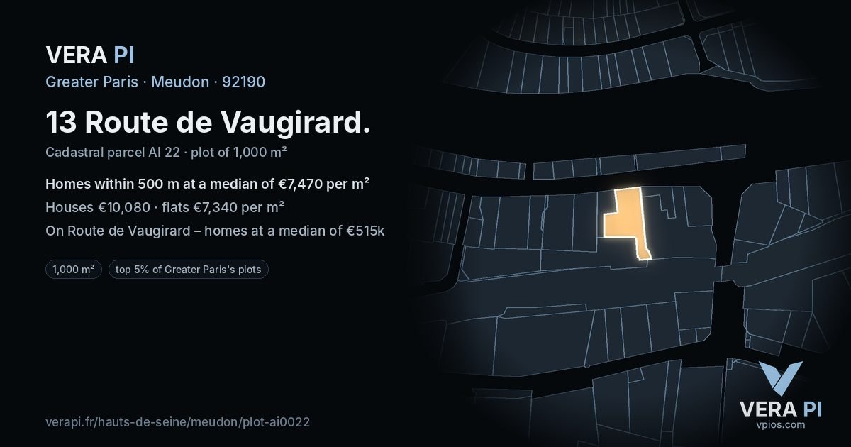 13 Route de Vaugirard, Meudon at night – the plot lit, the parcels around coloured by the prices near them