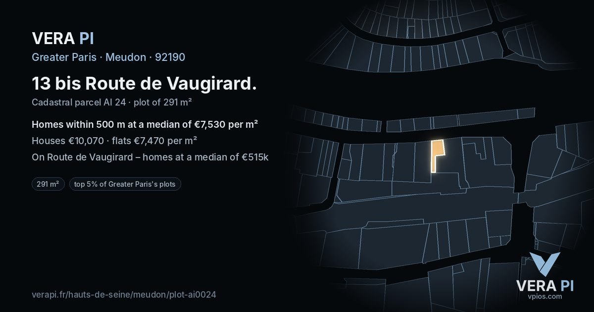 13 bis Route de Vaugirard, Meudon at night – the plot lit, the parcels around coloured by the prices near them