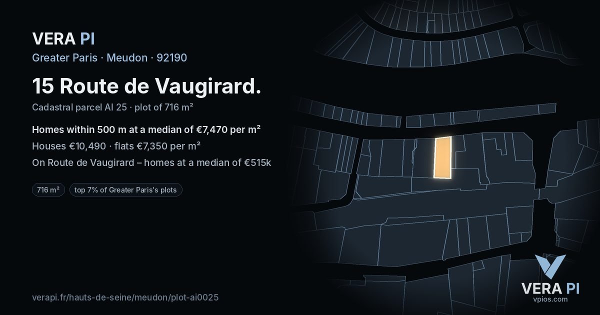 15 Route de Vaugirard, Meudon at night – the plot lit, the parcels around coloured by the prices near them