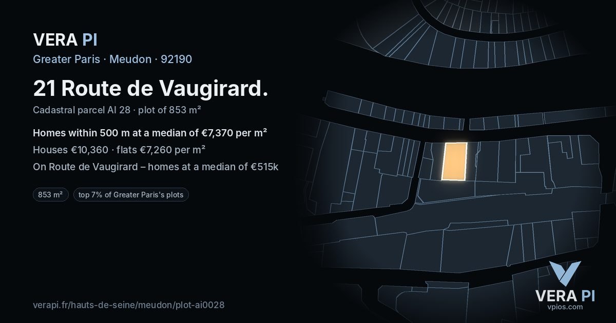 21 Route de Vaugirard, Meudon at night – the plot lit, the parcels around coloured by the prices near them