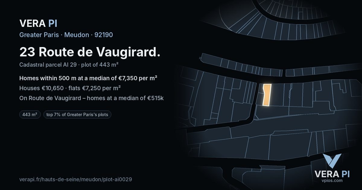 23 Route de Vaugirard, Meudon at night – the plot lit, the parcels around coloured by the prices near them