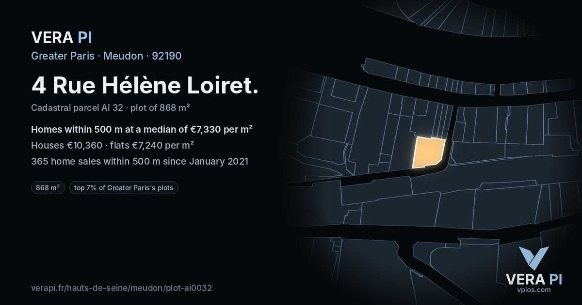 4 Rue Hélène Loiret, Meudon at night – the plot lit, the parcels around coloured by the prices near them