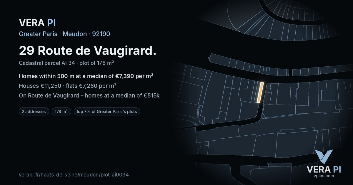 29 Route de Vaugirard, Meudon at night – the plot lit, the parcels around coloured by the prices near them