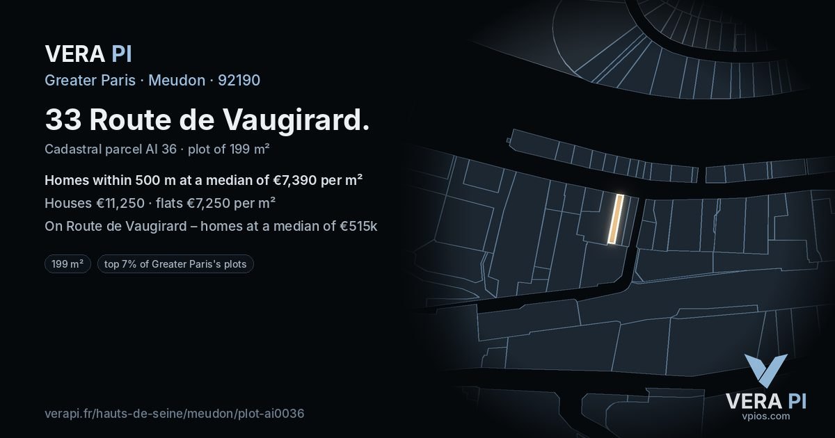 33 Route de Vaugirard, Meudon at night – the plot lit, the parcels around coloured by the prices near them
