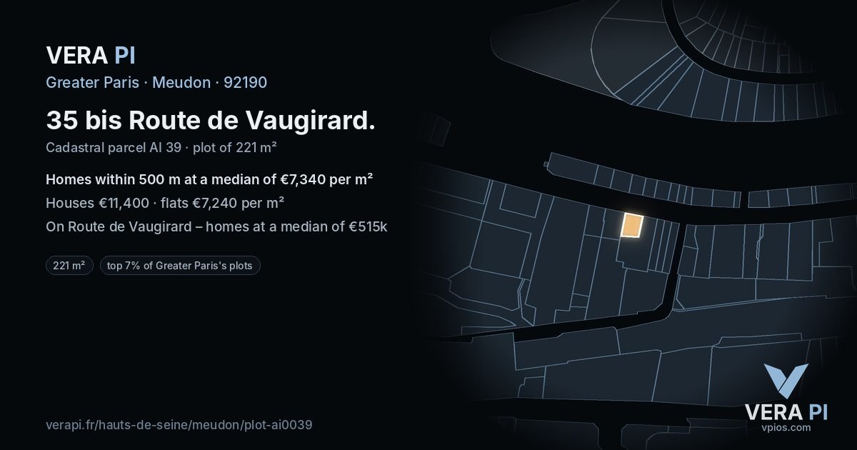 35 bis Route de Vaugirard, Meudon at night – the plot lit, the parcels around coloured by the prices near them