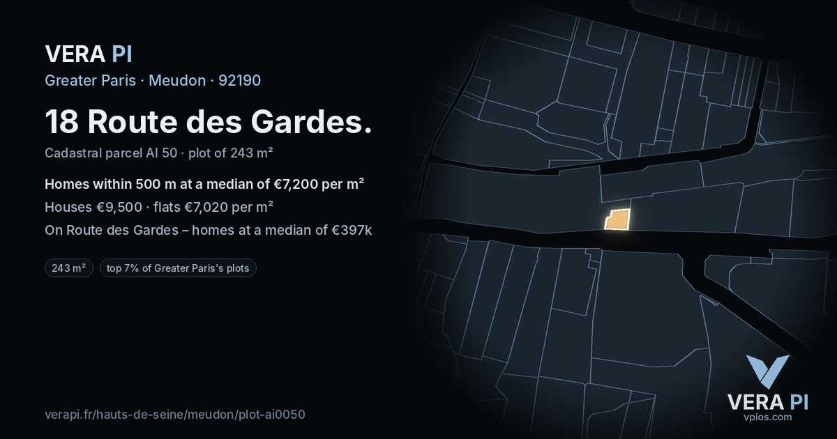 18 Route des Gardes, Meudon at night – the plot lit, the parcels around coloured by the prices near them