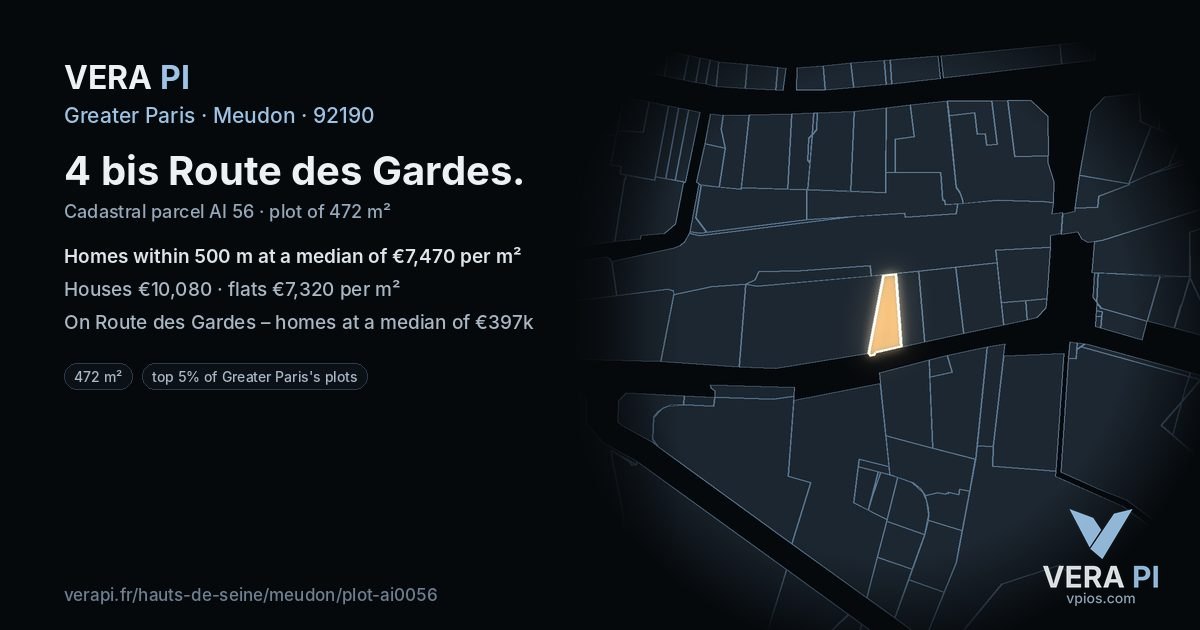 4 bis Route des Gardes, Meudon at night – the plot lit, the parcels around coloured by the prices near them