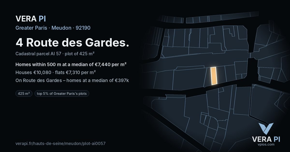 4 Route des Gardes, Meudon at night – the plot lit, the parcels around coloured by the prices near them