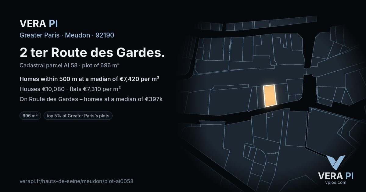 2 ter Route des Gardes, Meudon at night – the plot lit, the parcels around coloured by the prices near them