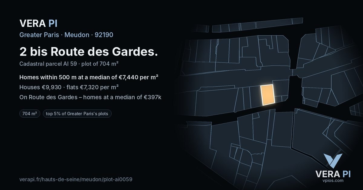 2 bis Route des Gardes, Meudon at night – the plot lit, the parcels around coloured by the prices near them