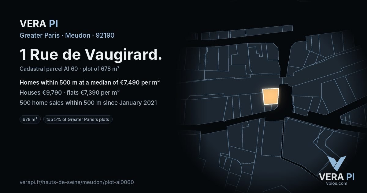 1 Rue de Vaugirard, Meudon at night – the plot lit, the parcels around coloured by the prices near them