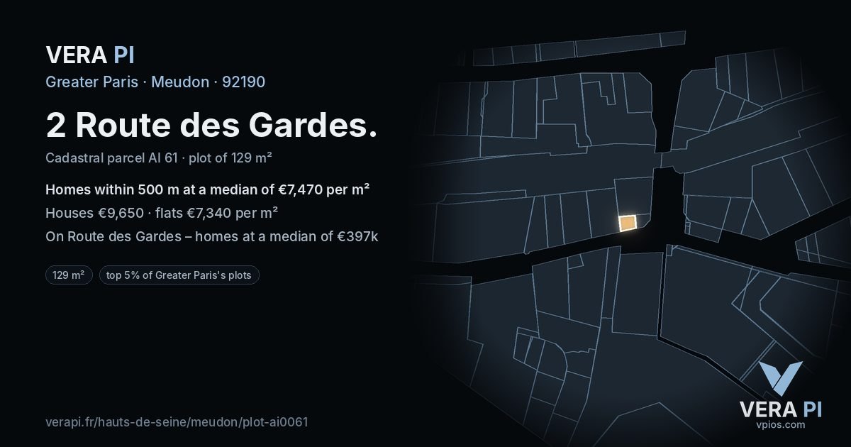 2 Route des Gardes, Meudon at night – the plot lit, the parcels around coloured by the prices near them