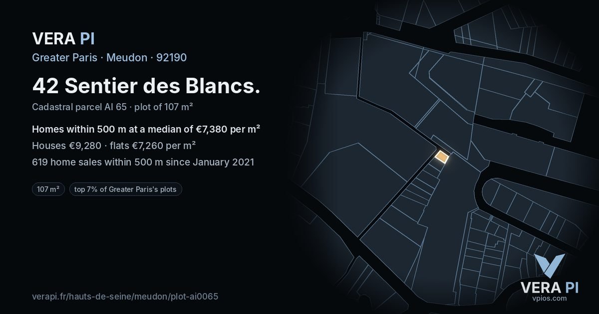 42 Sentier des Blancs, Meudon at night – the plot lit, the parcels around coloured by the prices near them