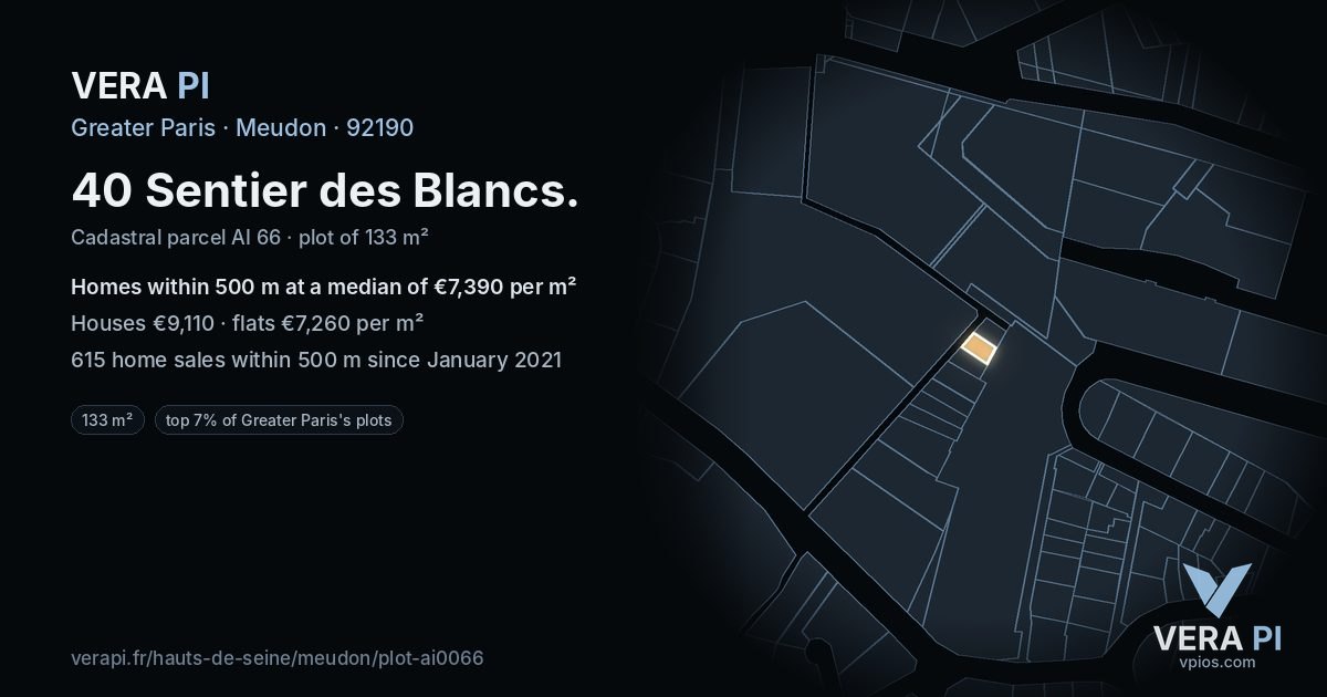 40 Sentier des Blancs, Meudon at night – the plot lit, the parcels around coloured by the prices near them