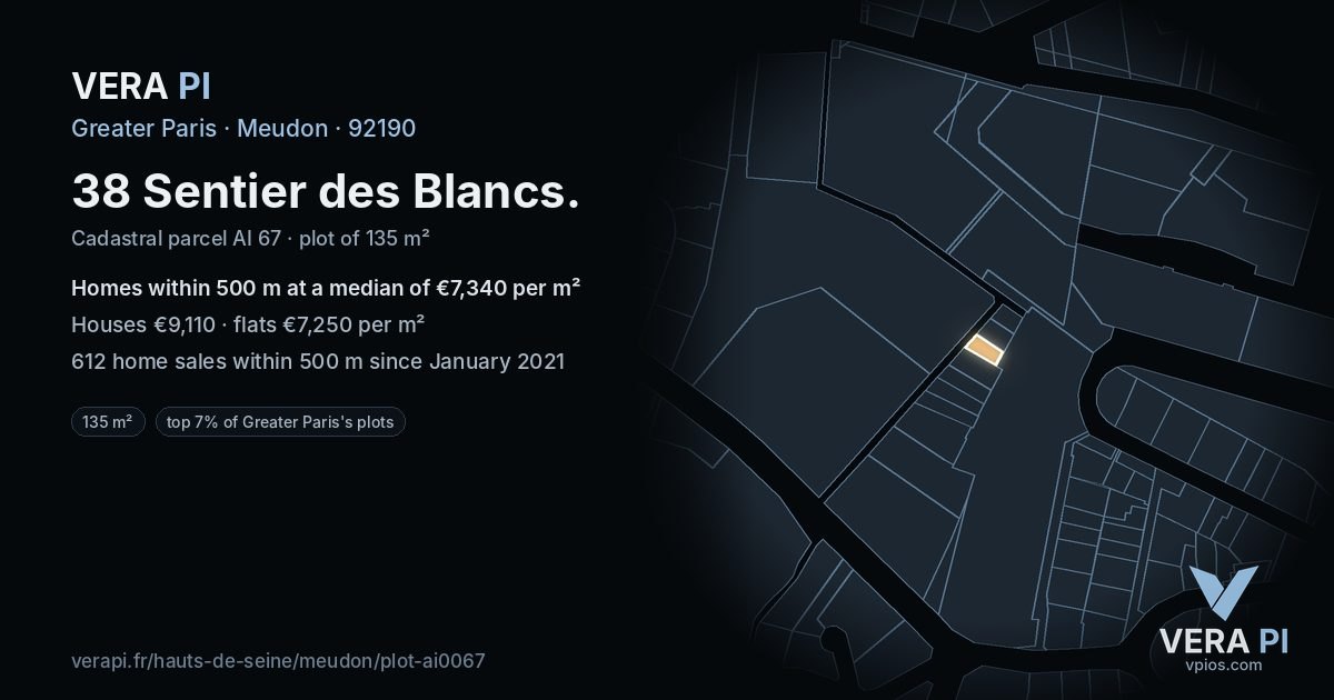 38 Sentier des Blancs, Meudon at night – the plot lit, the parcels around coloured by the prices near them