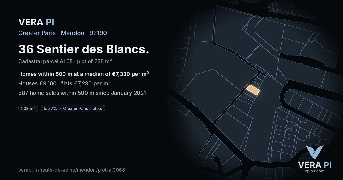 36 Sentier des Blancs, Meudon at night – the plot lit, the parcels around coloured by the prices near them