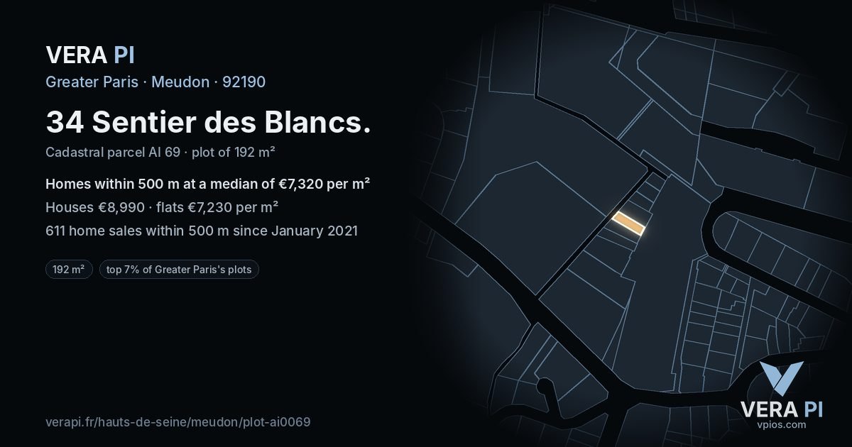 34 Sentier des Blancs, Meudon at night – the plot lit, the parcels around coloured by the prices near them