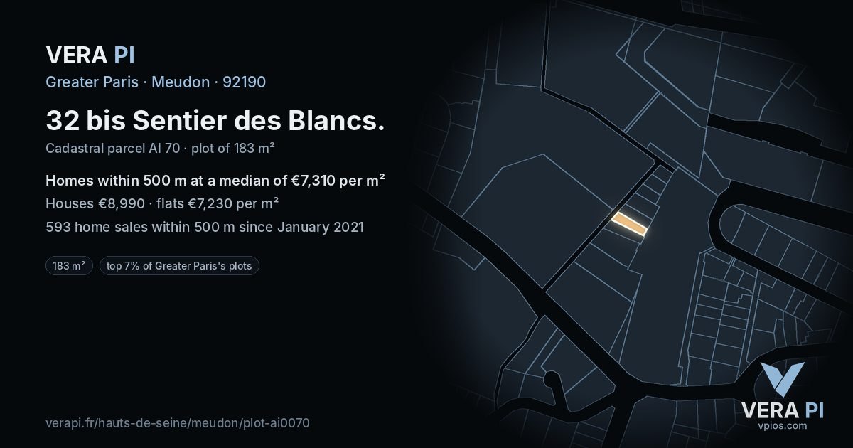 32 bis Sentier des Blancs, Meudon at night – the plot lit, the parcels around coloured by the prices near them