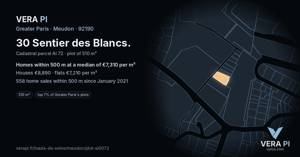30 Sentier des Blancs, Meudon at night – the plot lit, the parcels around coloured by the prices near them