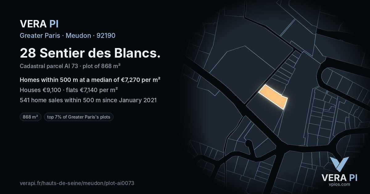 28 Sentier des Blancs, Meudon at night – the plot lit, the parcels around coloured by the prices near them