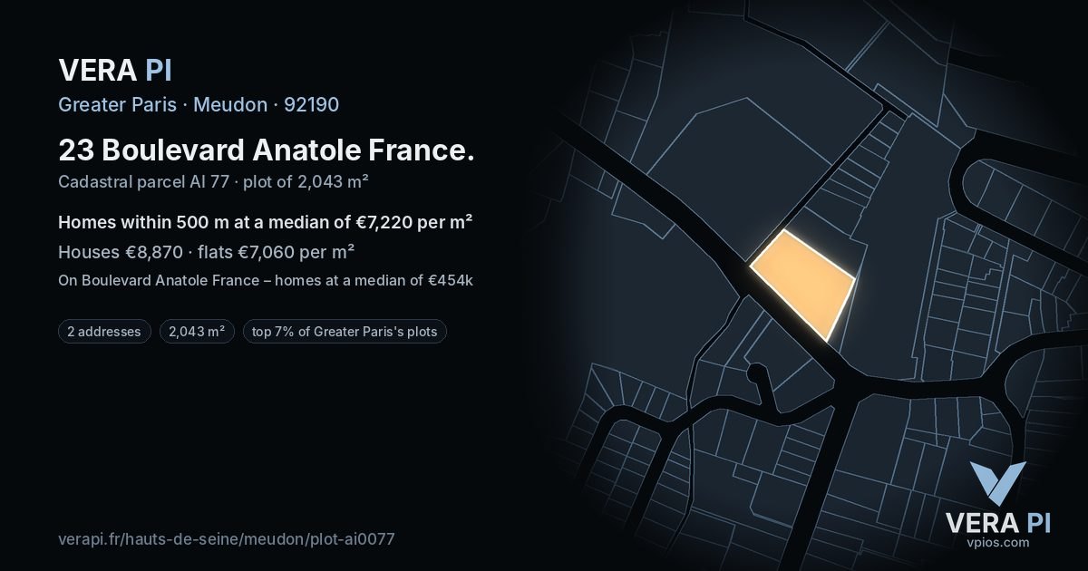 23 Boulevard Anatole France, Meudon at night – the plot lit, the parcels around coloured by the prices near them