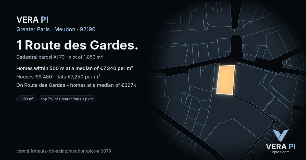 1 Route des Gardes, Meudon at night – the plot lit, the parcels around coloured by the prices near them