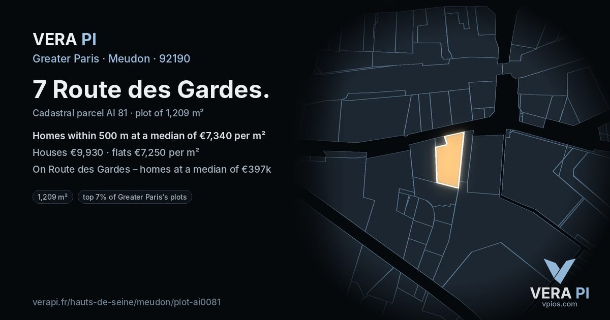 7 Route des Gardes, Meudon at night – the plot lit, the parcels around coloured by the prices near them