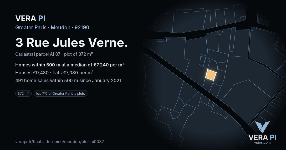 3 Rue Jules Verne, Meudon at night – the plot lit, the parcels around coloured by the prices near them