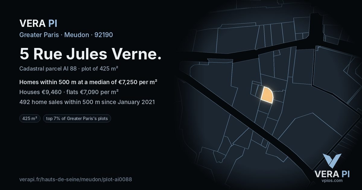 5 Rue Jules Verne, Meudon at night – the plot lit, the parcels around coloured by the prices near them