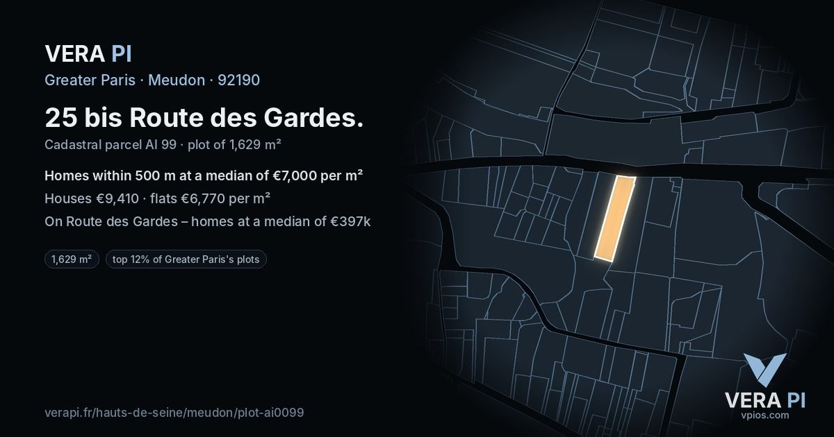 25 bis Route des Gardes, Meudon at night – the plot lit, the parcels around coloured by the prices near them