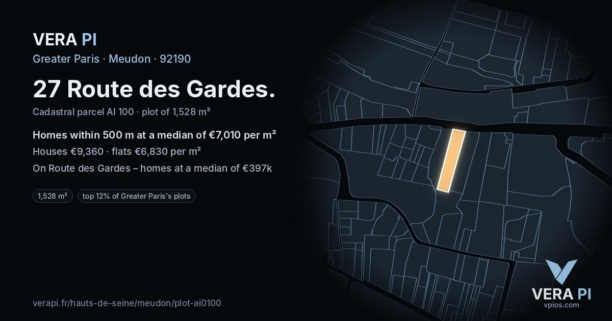 27 Route des Gardes, Meudon at night – the plot lit, the parcels around coloured by the prices near them