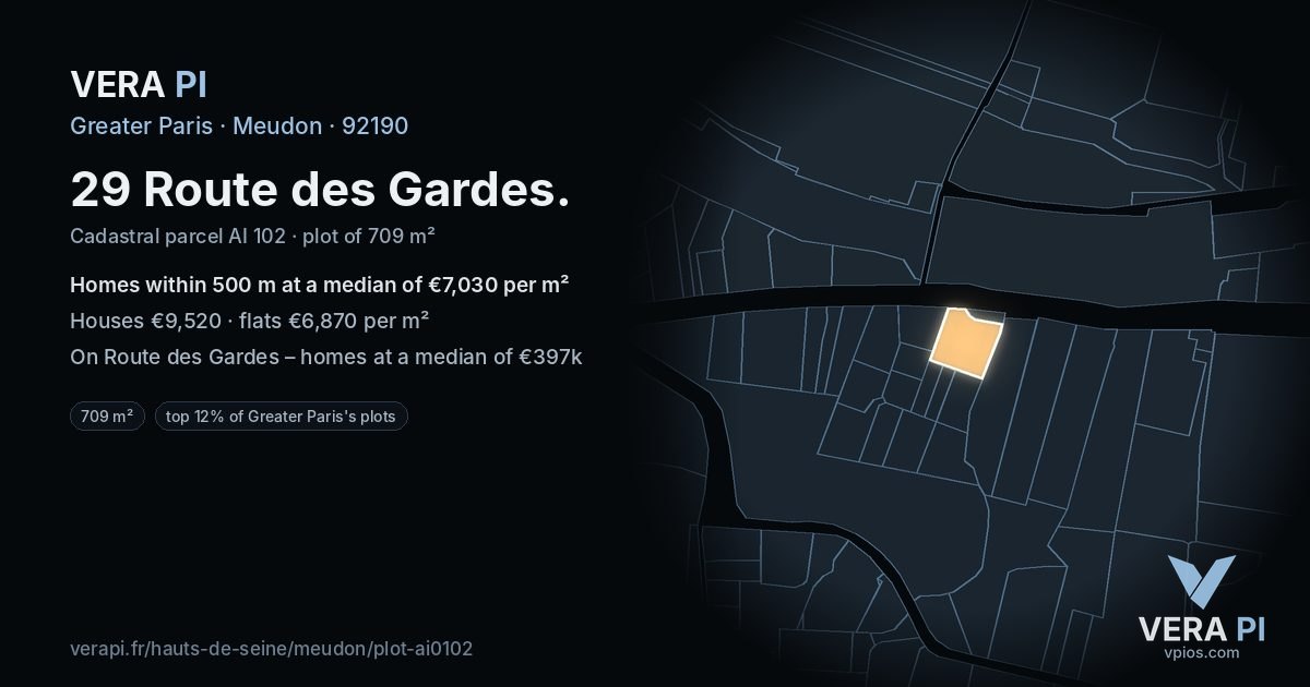 29 Route des Gardes, Meudon at night – the plot lit, the parcels around coloured by the prices near them