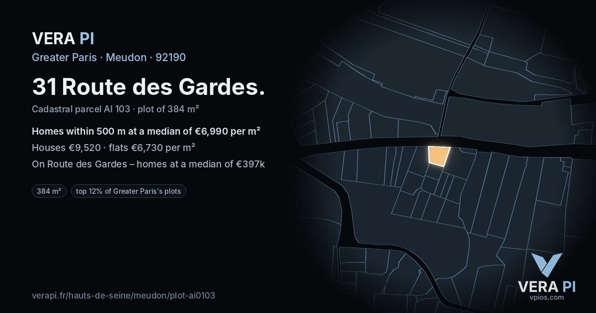 31 Route des Gardes, Meudon at night – the plot lit, the parcels around coloured by the prices near them