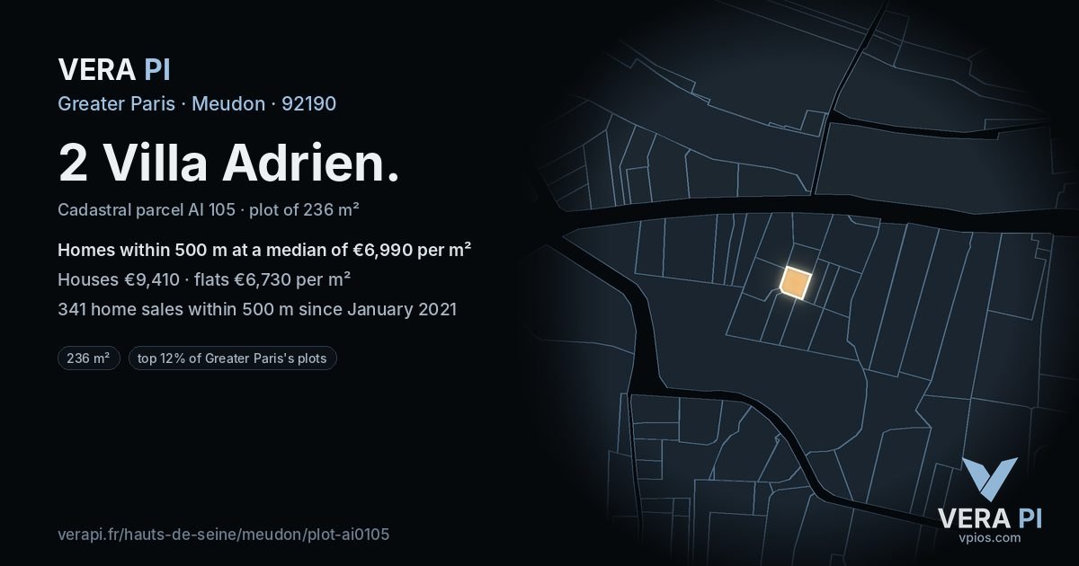 2 Villa Adrien, Meudon at night – the plot lit, the parcels around coloured by the prices near them