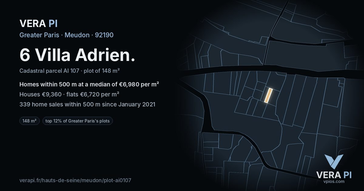 6 Villa Adrien, Meudon at night – the plot lit, the parcels around coloured by the prices near them
