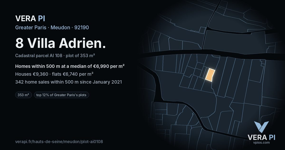 8 Villa Adrien, Meudon at night – the plot lit, the parcels around coloured by the prices near them